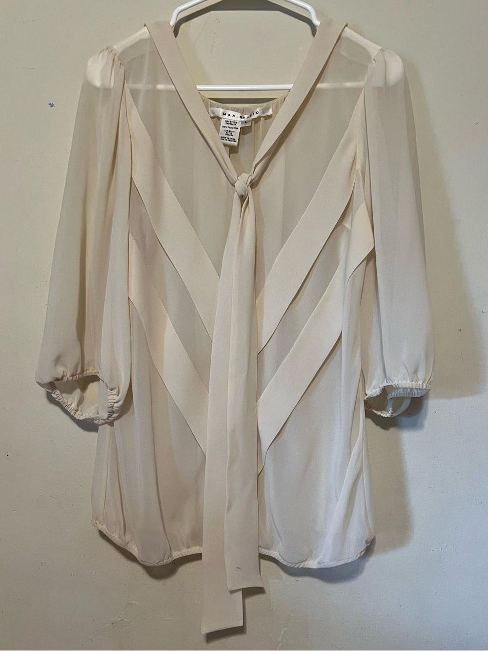 Max Studio Cream Sheer Tie-Neck Blouse
